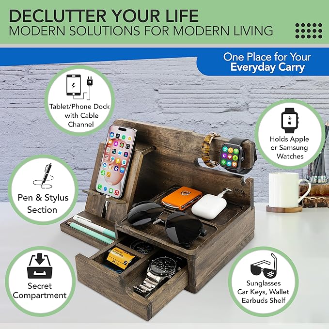 Nightstand Organizer- Bedside Docking Station for Men- Unique Gifts for Husband, Father or Dad from Wife, Son or Daughter- Desk Organizer for Phone, Watches, Wallet & Accessories (Rustic)