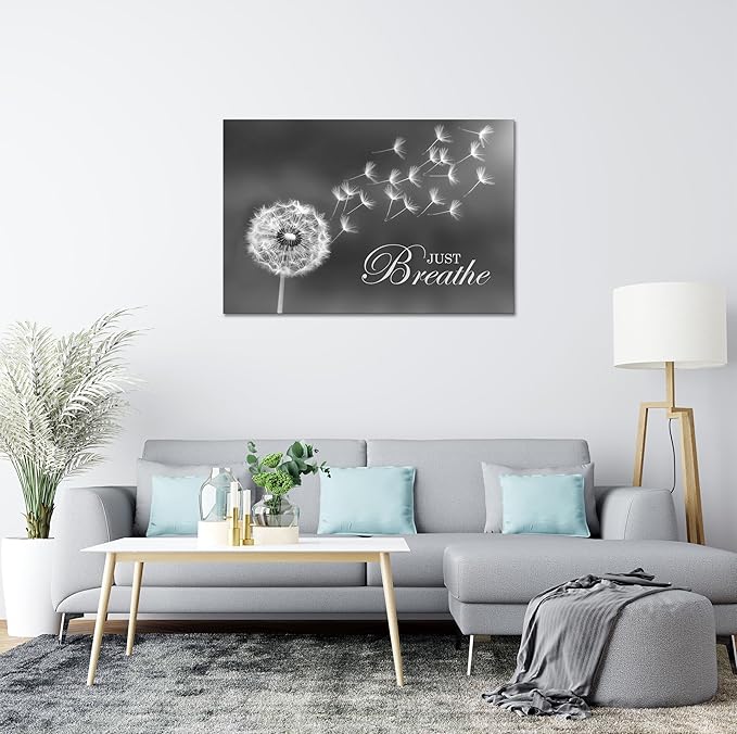 SKASNFAI Black and White Dandelion Zen Wall Art Canvas Just Breathe Motivation Positive Picture Art Print for Spa Yoga Meditation Wall Decor Ready to Hang (24L x 36W)