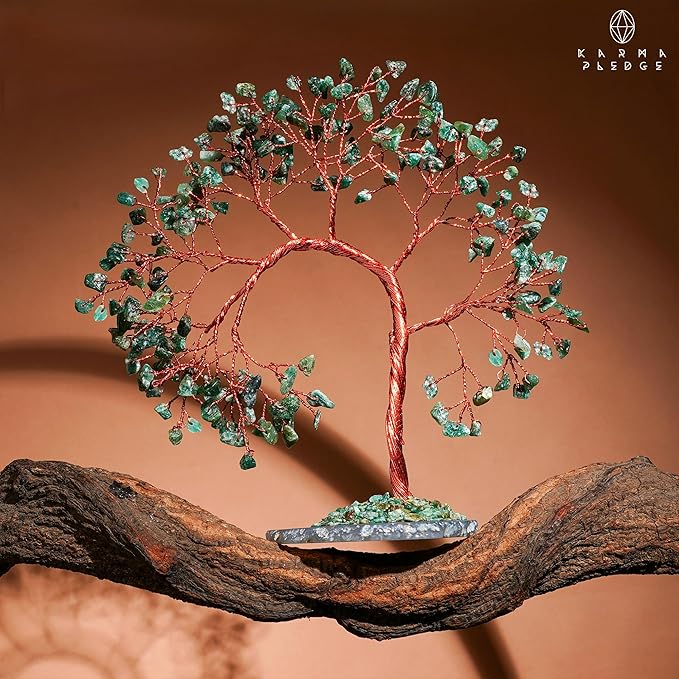 Green Aventurine Crystal Tree of Life, 7 Chakra Healing Crystals Trees, Handcrafted Money Bonsai Tree, Feng Shui Decor, Home and Office Desk Decoration for Positive Energy & Wealth, Spiritual Gifts
