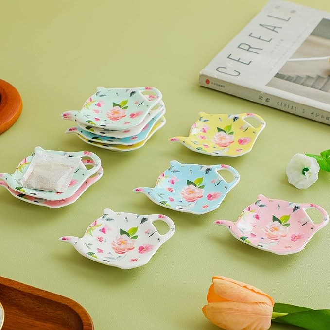 Porcelain Tea Bag Coasters, Floral Used Tea Bag Holder Ceramic, Set of 10 Tea Bag Plates Floral, Teaspoon Rest, Tea Bag Dish, Tea Party Gifts