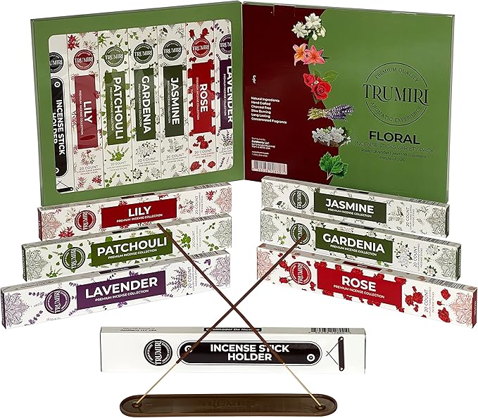 Floral Incense Sticks Variety Pack - 120 Insence-Sticks (6 Incents x 20 Insense) - Rose Lavender Jasmine Patchouli Gardenia Lily - Natural Inscents-Sticks Non Toxic Incienso with Stick Incense Holder