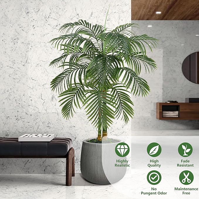 Artificial Golden Cane Palm Tree 5FT, Fake Palm Tree with Three Realistic Trunks and Lifelike Palm Leaves, Faux Palm Plant for Indoor Home Décor with Black Planter