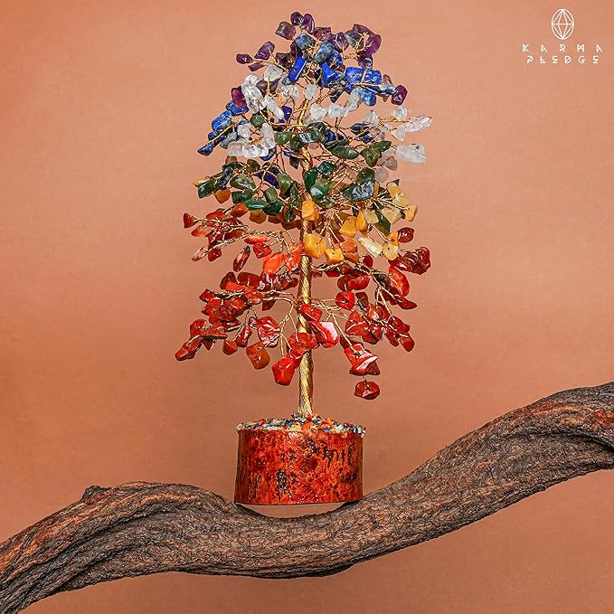 KARMAPLEDGE 7 Chakra Healing Crystal Tree of Life with Manifestation Card, Handmade Golden Wire Crystal Tree for Good Luck, Positive Energy, Wealth, Reiki Healing, and Decor, Gift for Women and Mom