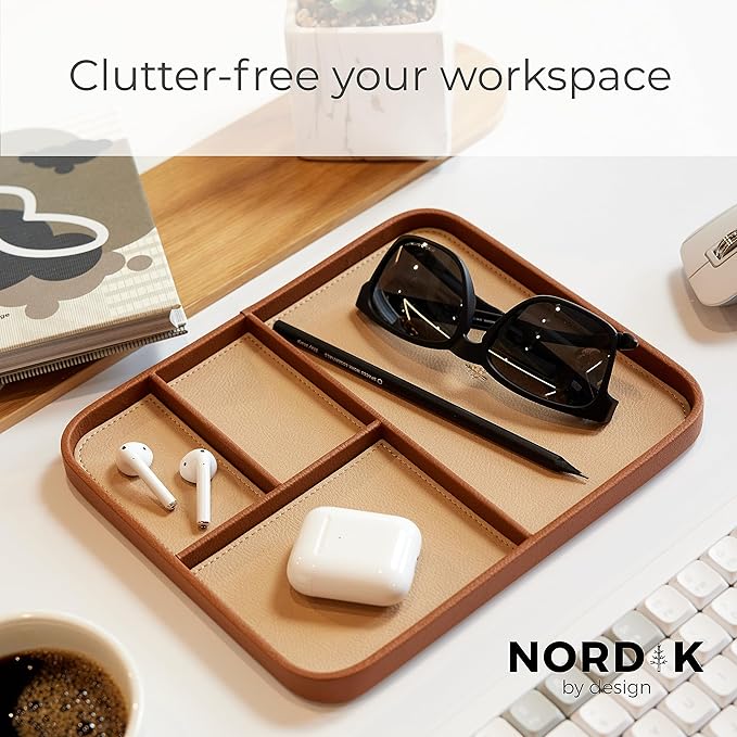 Nordik Leather Valet Tray - Sand Brown - Premium Vegan Leather Stylish and Organised Nightstand Tray for Men - EDC Catchall Tray for Keys, Watch, Wallet, Jewellery - Modern Bedside Caddy