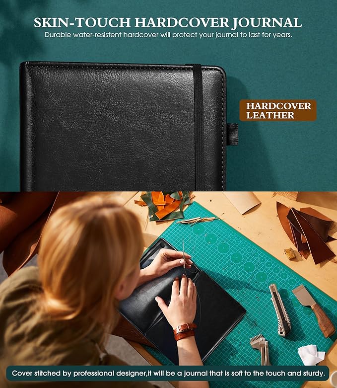 Lined Journal Notebook for Writing, A5 100 GSM Thick Paper, Leather Hardcover Journal for Woman Men, Travel Journal Diary 160 Pages(5.75'' X 8.38'' Black)