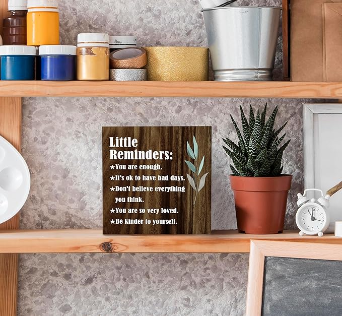 SRADMO Inspirational Little Reminders Wood Box Sign Desk Decor, Inspirational Desk Decor, College Motivational Positive Affirmation Gifts Box Sign For Office Home Dorm Tabletop Shelf Decoration(Brown)