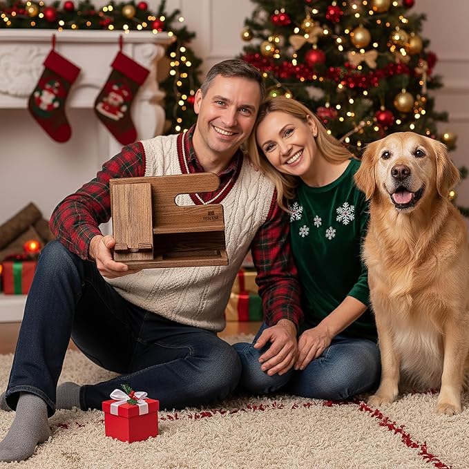 TESLYAR Wood Phone Docking Station Ash Key Holder Wallet Stand Watch Organizer Men Christmas Gift Husband Wife Anniversary Dad Birthday Nightstand Purse Father Graduation Male Idea Gadgets (Beige)