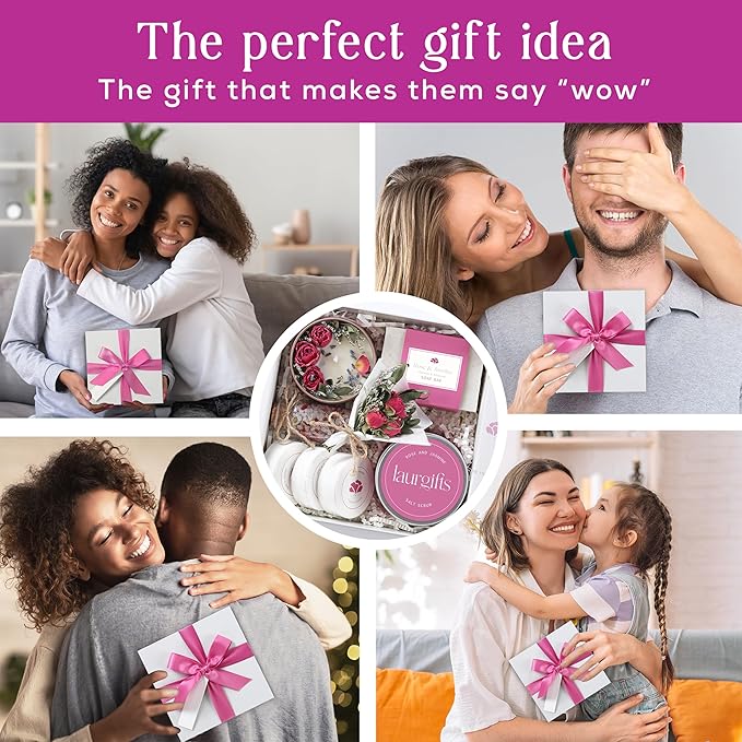 Rose & Jasmine Spa Gift Box for Women – Self Care Gift Basket with Candle, Soap, Bath Salts, Scrub & Shower Steamers – Birthday, Thank You & Relaxing Gifts for Mom, Wife, Sister, Friend