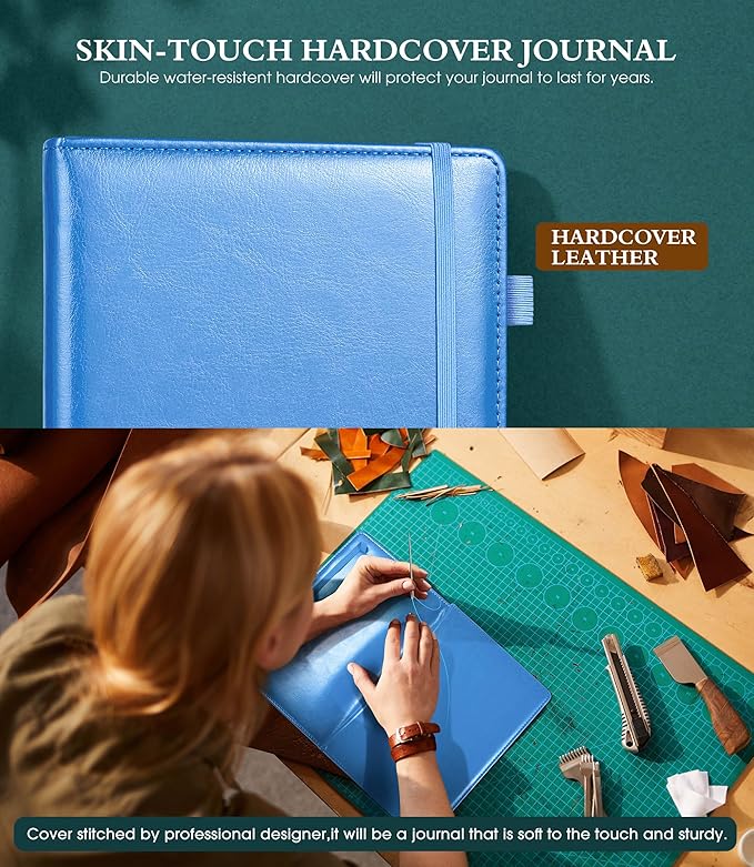Lined Journal Notebook for Writing, A5 100 GSM Thick Paper, Leather Hardcover Journal for Woman Men, Travel Journal Diary 160 Pages (5.75'' X 8.38'' Lightblue)