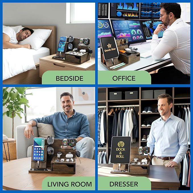 Nightstand Organizer- Bedside Docking Station for Men- Unique Gifts for Husband, Father or Dad from Wife, Son or Daughter- Desk Organizer for Phone, Watches, Wallet & Accessories (Rustic)