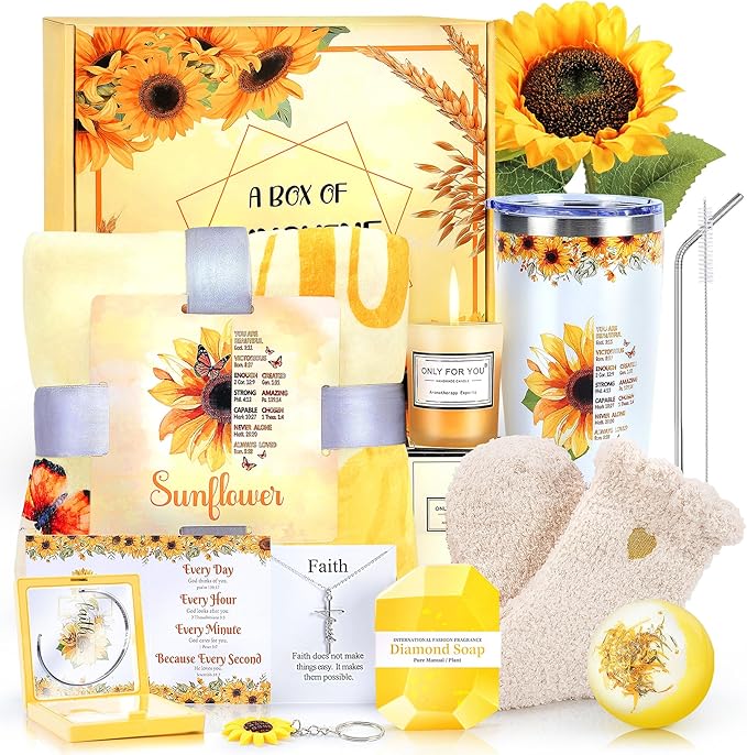 14PCS Sunflower Gifts Sending Sunshine Box, Self Care Gifts Get Well Soon Gifts Basket for Women, Relaxing Spa Gifts Care Package w/Blanket Mothers Day Gifts for Mom Wife, Girlfriend, Sister, Her