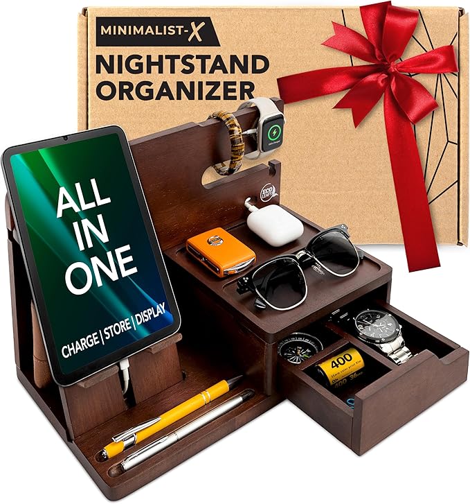 Nightstand Organizer- Bedside Docking Station for Men- Unique Gifts for Husband, Father or Dad from Wife, Son or Daughter- Desk Organizer for Phone, Watches, Wallet & Accessories (Brown)