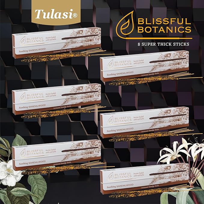 Tulasi Sandalwood Smudge Incense Sticks Pack – 48 Natural Smudge Sticks (6 Boxes x 8), Long Burning (55 Min), Aromatherapy, Spiritual Cleansing, Meditation, Air Purifying Incense, Thanks Giving