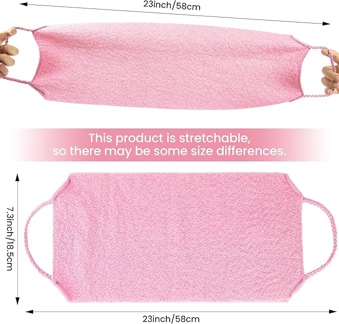 3 Pcs Double-Sided Back Exfoliator Body Scrub Towel, Exfoliating Back Scrubber with Handles,Exfoliating Washcloth Bath Tool in Shower, Stretchable Back Washer to Deep Cleans Skin (Pink)