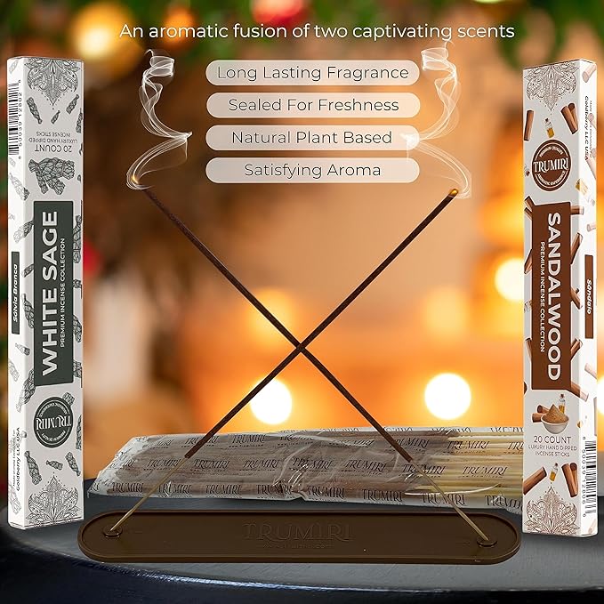 Trumiri Incense Sticks - Combo Pack of 40 Insence-Sticks - 20 White Sage + 20 Sandalwood - Insenses - Insents - Incents - Inscense - Incence - Incienso - All Natural Incense Sticks