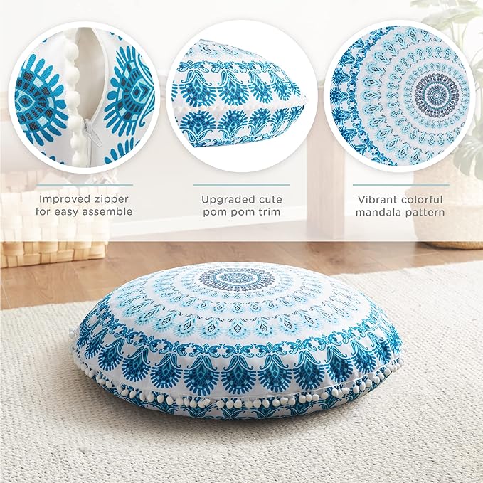 Codi Meditation Floor Pillow Set of 2, Round Large Pillows Seating for Adults, Bohemian Mandala Circle Cushion for Outdoor Fireplace Yoga Living Room, 32 Inch, Memory Foam Added, Aqua