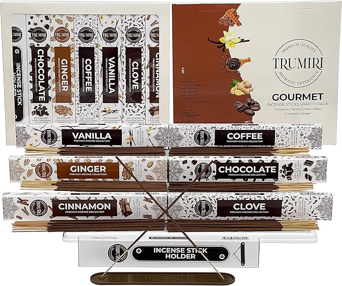 Gourmet Incense Sticks Variety Pack - 120 Insence-Sticks (6 Incents x 20 Insense) - Cinnamon Vanilla Coffee Chocolate - Natural Inscents-Sticks Non Toxic Inciensos + Incense Holder for Fall Christmas
