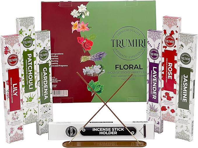 Floral Incense Sticks Variety Pack - 120 Insence-Sticks (6 Incents x 20 Insense) - Rose Lavender Jasmine Patchouli Gardenia Lily - Natural Inscents-Sticks Non Toxic Incienso with Stick Incense Holder