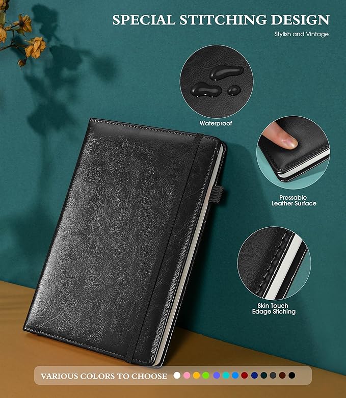Lined Journal Notebook for Writing, A5 100 GSM Thick Paper, Leather Hardcover Journal for Woman Men, Travel Journal Diary 160 Pages(5.75'' X 8.38'' Black)