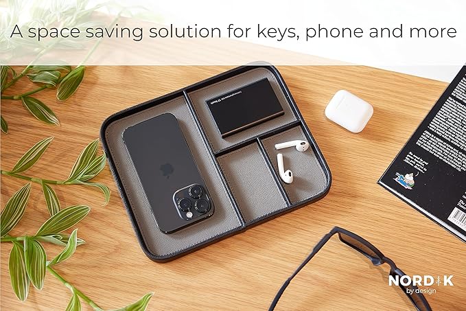 Nordik By Design Leather Valet Tray - Pebble Black Premium Vegan Stylish and Organized Nightstand for Men EDC Catchall Keys, Watch, Wallet, Jewelry Modern Bedside Caddy