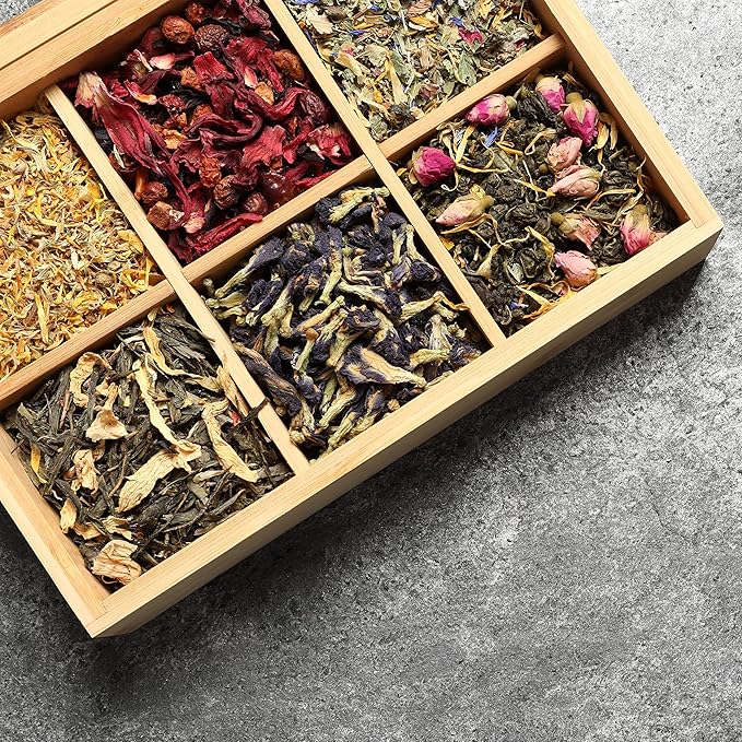 Bamboo Tea Organizer Box Chemical Free Eco-Friendly Big, Tall, Adjustable Cubbies Natural Wooden Storage Chest (6-Slot 11" x 8.1" x 4.2" with Tea Leaf design)