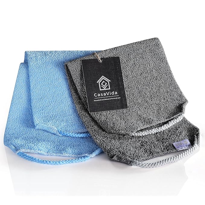 CASAVIDA Back Scrubber for Shower Nylon Bath Towel Washer Exfoliating Washcloth Rear Japanese Stretchable Strap Wash Cloth Body Exfoliation 2 Pack (Blue + Charcoal Gray)