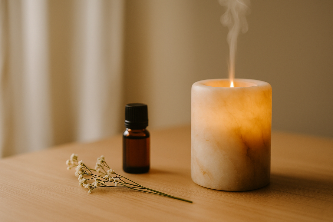 “A warm minimalist aromatherapy scene with a glowing stone candle, amber essential oil bottle, and small dried flowers on a wooden table — Serenlix calming scent ritual.”