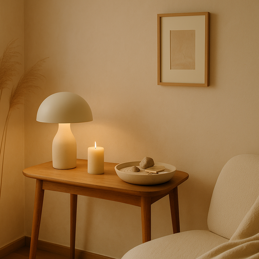 Minimalist living room with soft natural lighting, indoor plants, wooden tray with aroma diffuser and candle, calming neutral tones — Serenlix mindful home décor.