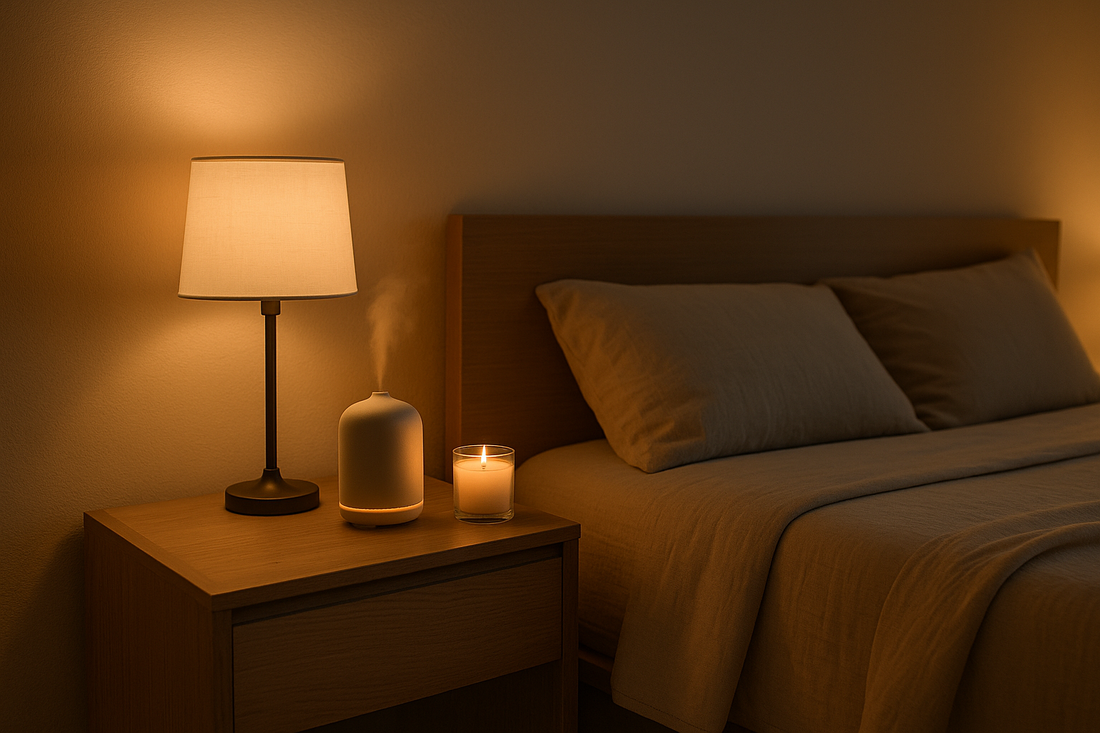 Minimalist bedroom at dusk with warm ambient lighting, aroma diffuser and soy candle on a wooden nightstand, soft neutral tones — Serenlix calming night design.