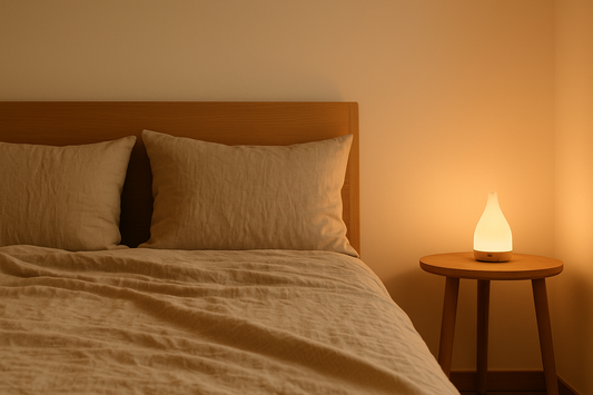 Minimalist bedroom at dusk with soft amber light, linen bedding, aroma diffuser on wooden table, and calm neutral tones — Serenlix Sleep & Relaxation.