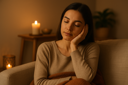 A calm woman resting in a warm candlelit room, symbolizing grounding, inner quiet, and emotional relaxation