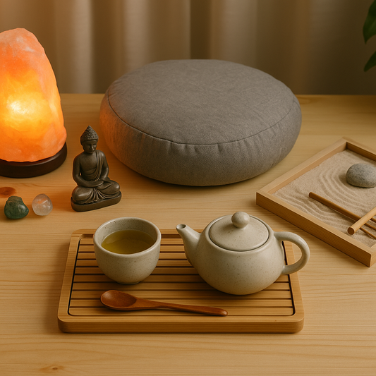 “A calming meditation setup with a Himalayan salt lamp, Buddha figurine, zen garden, and a warm tea set arranged on a wooden surface, creating a peaceful mindfulness atmosphere.”