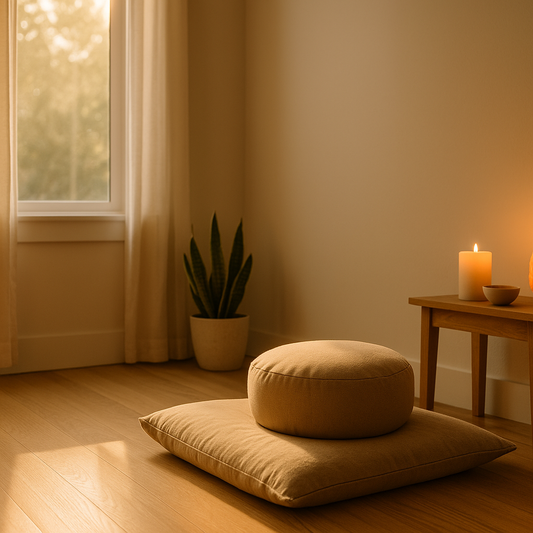 Minimalist morning scene with soft natural sunlight, aroma diffuser on a wooden tray, indoor plants and calming neutral tones — Serenlix mindful morning ritual.