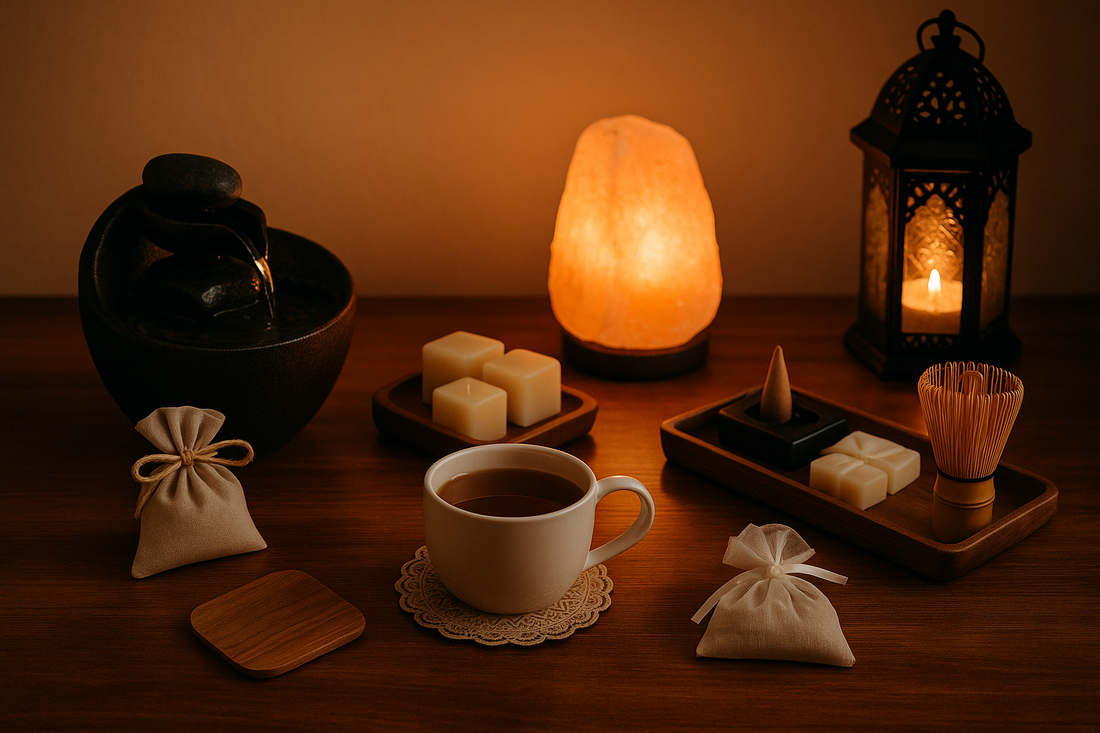 “A peaceful mindfulness setup featuring a tabletop water fountain, Himalayan salt lamp, lantern candle, incense cone, matcha whisk, tea cup, aroma sachets, and wax melts arranged on a wooden surface with warm ambient lighting.”