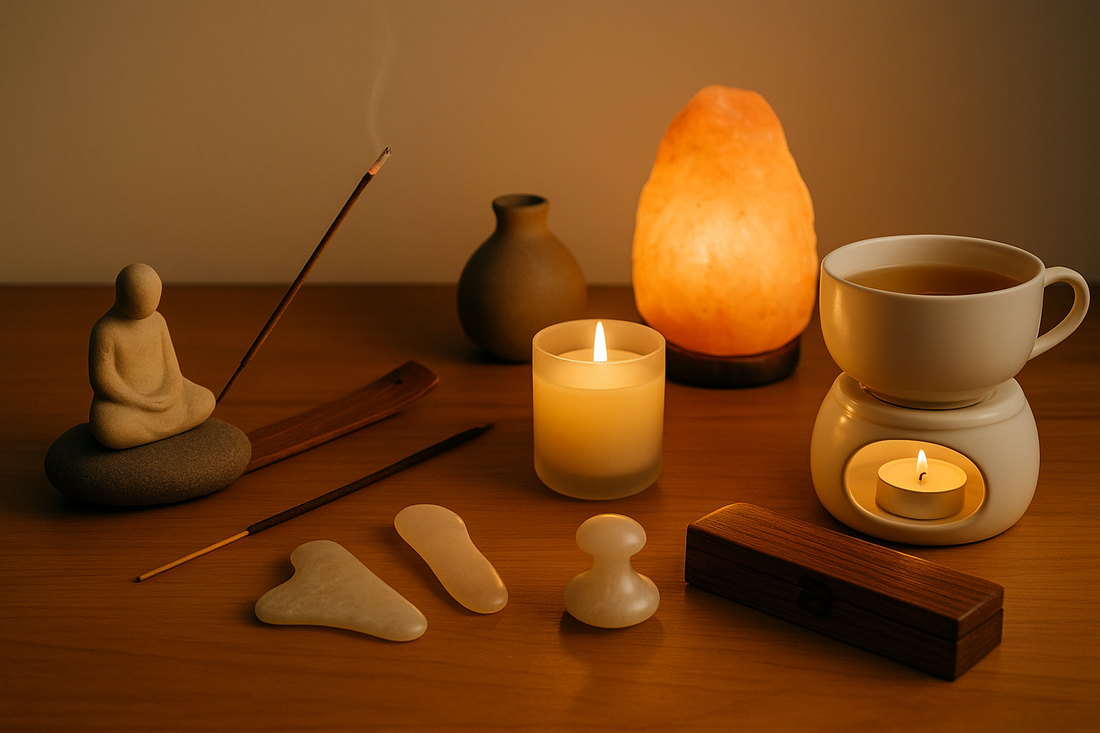 “Mindfulness setup with incense, salt lamp, candle, gua sha tools, and warm tea on a wooden table.”