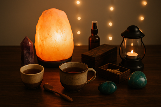 “A calming mindfulness scene featuring a Himalayan salt lamp, amethyst crystal, tea cups, a wooden storage box, room spray bottle, teal healing stones, and a lantern candle arranged on a wooden surface with warm ambient lights.”