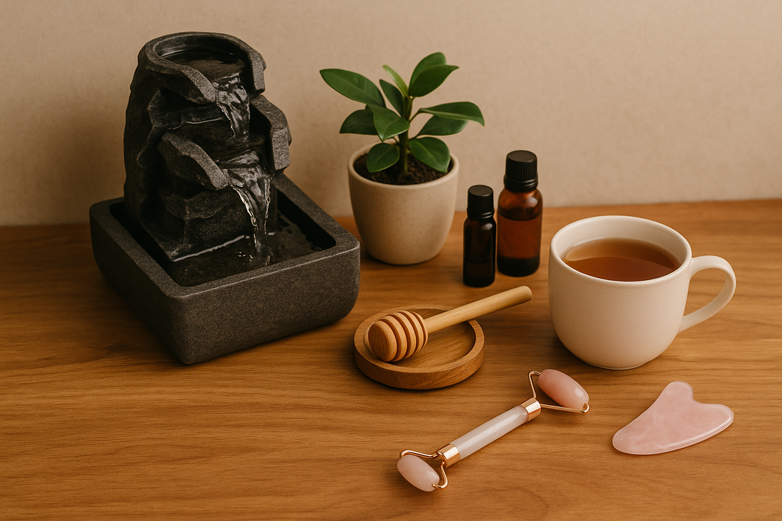 “Morning relaxation setup with a tabletop fountain, plant, essential oils, honey dipper, tea, and facial massage tools.”