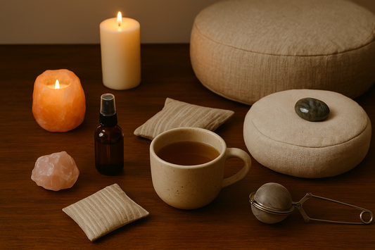 “A warm mindfulness setup with lit candles, a Himalayan salt lamp, a cup of tea, aroma sachets, a spray bottle, meditation cushions, a rose quartz stone, and a tea infuser arranged on a wooden surface in soft ambient lighting.”