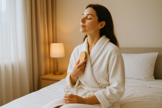 “Minimalist morning self-care setup with soft natural light, wooden brush, ceramic bowl, gentle towels, and calming neutral tones — Serenlix Home Spa & Self-Care Tools.”