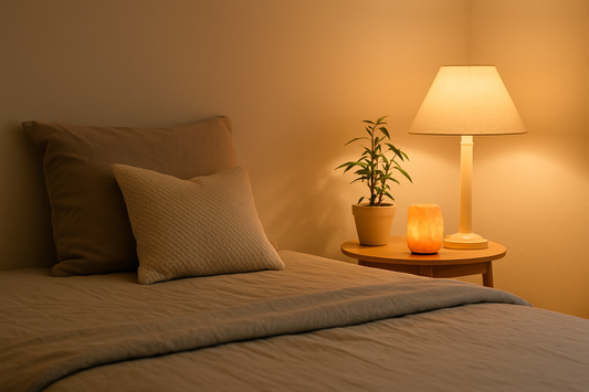 “A calming bedroom scene with warm ambient lighting, a soft bed in neutral tones, a bedside lamp, a small potted plant, and a glowing salt lamp — Serenlix Sleep & Relaxation mood.”