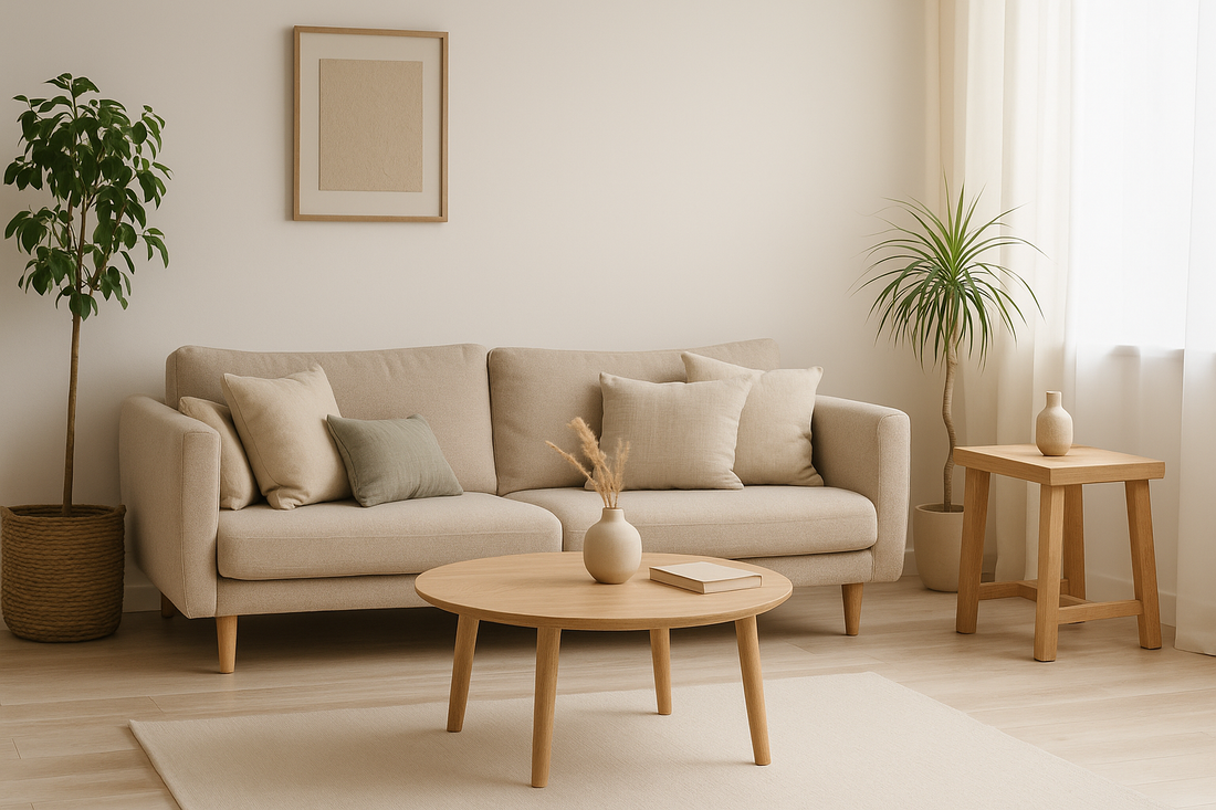 “Minimalist living room with soft neutral tones, linen cushions, indoor plants, wooden furniture, and natural sunlight — Serenlix Wellness Décor & Accessories.”