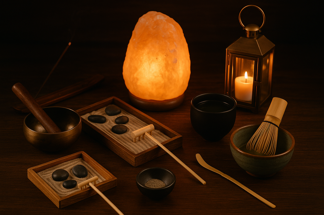 “A serene Zen-inspired mindfulness setup featuring a Himalayan salt lamp, mini zen garden trays, a singing bowl, matcha bowl with whisk, wooden tools, and a lantern candle arranged on a dark wooden surface with warm ambient lighting.”