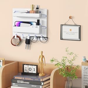 Bedside Shelf Wall Mount, Adhesive Bedside Shelf Accessories Organizer with Hooks and Cable Clips,Dorm Bedside Wall Storage for Phone, Remote, Earphone, Kindle,Plastic (5 Hooks Style)