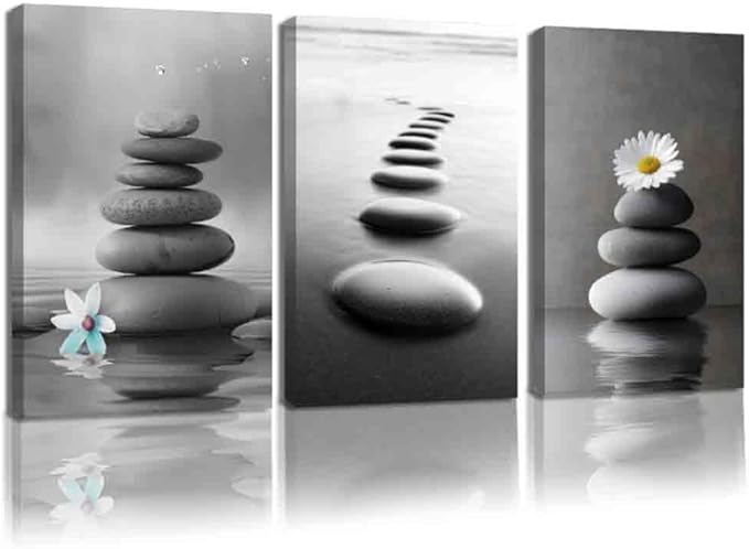CCWORKERRY 3PCS Zen Stones Canvas Wall Art Black and White Zen Stone Painting Calming Meditation Wall Decor for Yoga Studio Office Spa Bathroom (gray,24W x36L x3)
