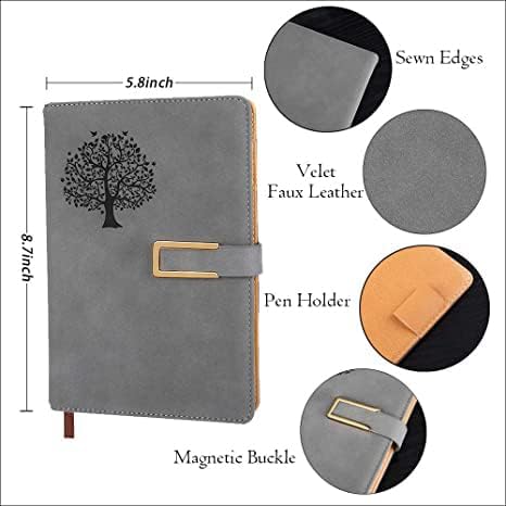 Tree of Life Refillable Writing Journal For Women & Men Faux Leather Hardcover Notebook A5 College Ruled 200 Lined Pages Lay-Flat Personal Diary With Pen & Magnetic Buckle (Tree of Life - Grey)