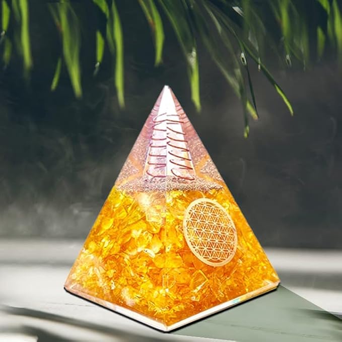 Orgone Citrine Pyramid for Success Handcrafted Orgonite Crystal Pyramid for Energy Balance, Meditation, Home Decor & Chakra Support
