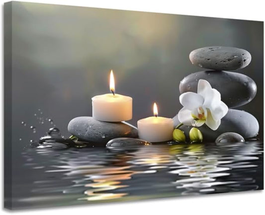 CGXLB Zen Stone Wall Art Candles & Orchid Painting Serene Water Decor for Spa Bathroom Bedroom Meditation Room 12"x18"