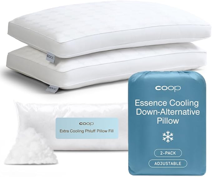 Coop Home Goods Essence Cooling Down Alternative Pillows Set of 2, Queen Size Adjustable Cooling Pillow for Hot Sleepers, Cool-Touch Luxury Hotel Pillows for Stomach, Back, or Side Sleepers 27x17