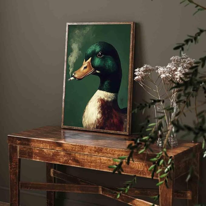 Mostemauo Vintage Mallard Duck Wall Art Whimsical Duck Smoking Cigarette Painting Portrait Animal Prints Funny Animal Smoking Picturemallard Print Retro Green Living Room Decor 16x24inch No Frame