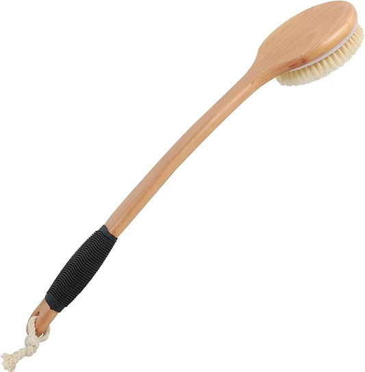 OWIIZI Round Head Back Scrub Brush for Body Shower, Wooden Long Handle Bristles Tub Soaping Bath Brushes, Skin Exfoliator Scrubber Brush for Men Women Elderly Wet or Dry Use